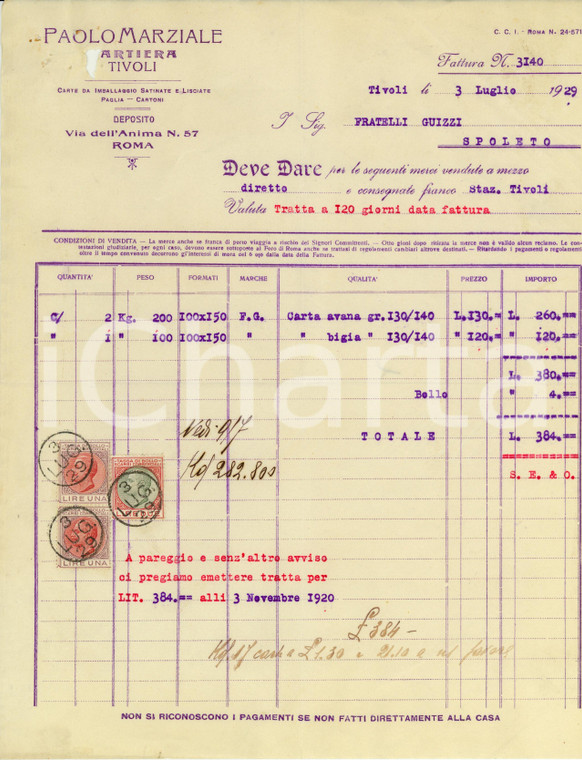 1929 TIVOLI Paolo MARZIALE Cartiera CARTA Imballaggio *Fattura