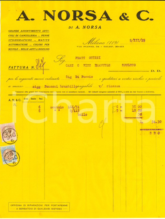 1929 MILANO Cancelleria A. NORSA E C. Penne stilografiche *Fattura