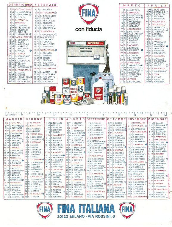 1969 MILANO Calendario FINA Benzina e prodotti per l'auto ILLUSTRATO