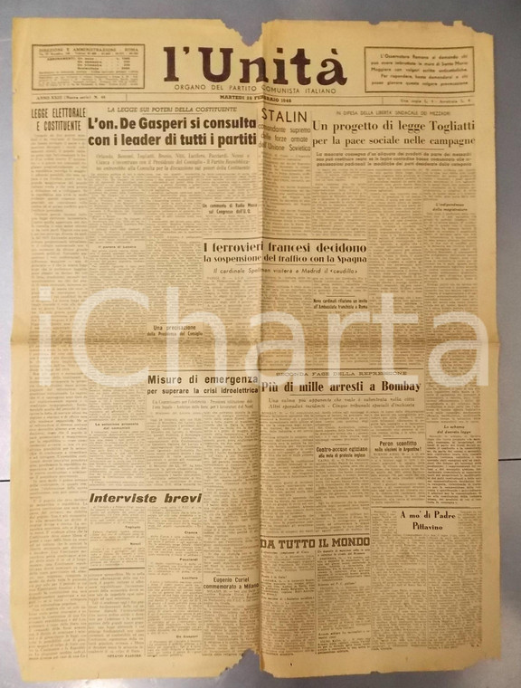 1946 L'UNITA' Alcide DE GASPERI e poteri COSTITUENTE - Giornale