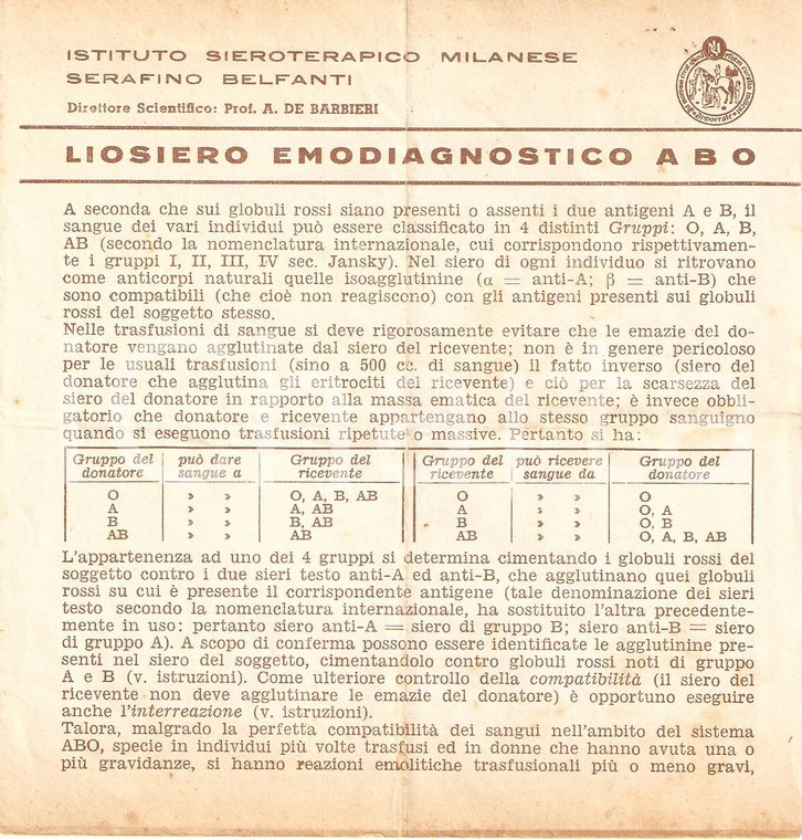 1950 ca MILANO Istituto Sieroterapico Serafino BELFANTI Liosiero Emodiagnostico