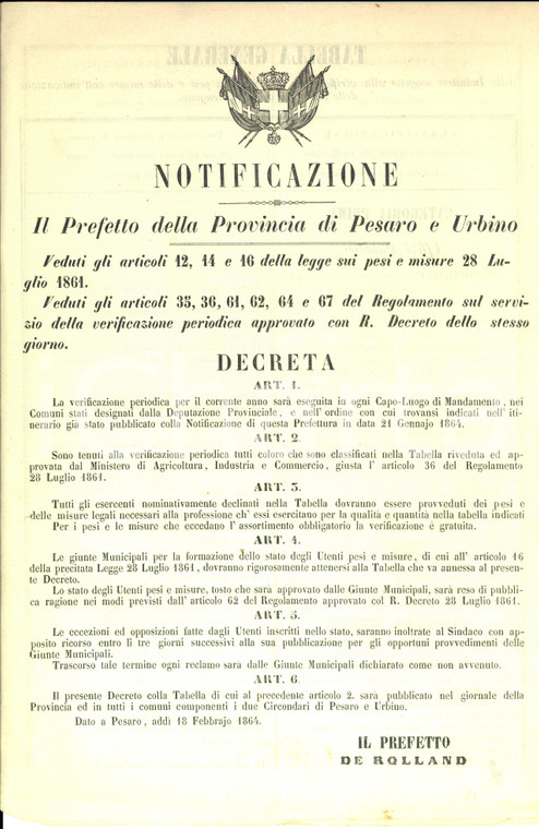 1864 PESARO Tabella generale INDUSTRIE per pesi e misure *Documento