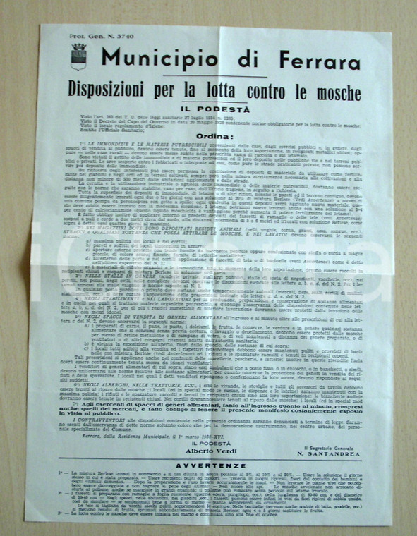 1938 FERRARA Ordini per lotta contro mosche MANIFESTO 24x34 cm