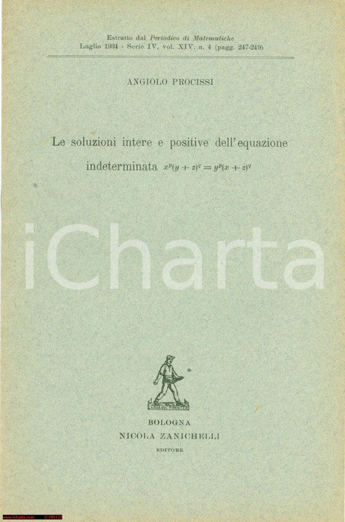 1934 ANGIOLO PROCISSI Equazione intederminata - Libretto 8 pp.