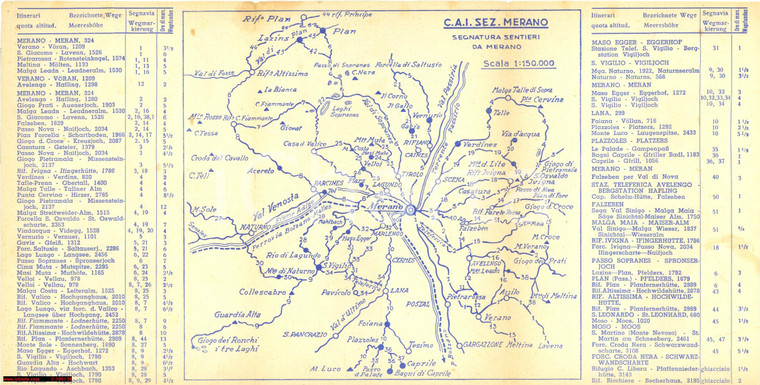 1940 circa MERANO (BZ) Mappa sentieri alpini del C.A.I.