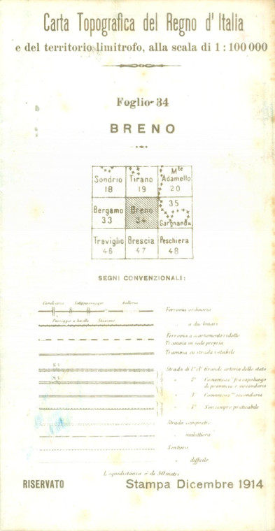 1914 BRENO (BS) Carta Topografica del Regno d'Italia e territorio cm 43 x 42