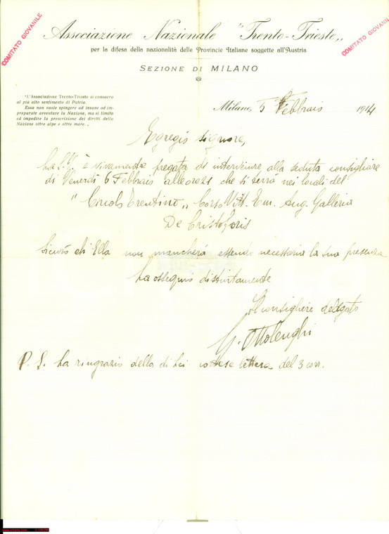 1914 MILANO Giuseppe OTTOLENGHI invita a Associazione TRENTO TRIESTE