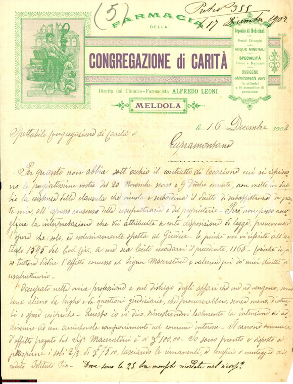 1902 MELDOLA (FO) Alfredo LEONI farmacista Congregazione di Carità *Lettera