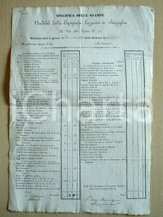 1837 SENIGALLIA AN Stampe registri Tipografia LAZZARINI