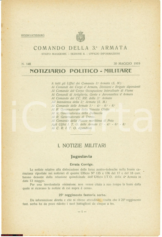 1919 COMANDO 3^ ARMATA Tendenze pro AUSTRIA della JUGOSLAVIA *Documento