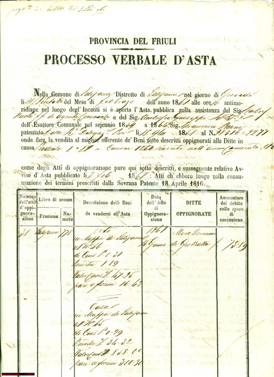 1860 LATISANA (UD) Asta casa e orto di Domenico MORO