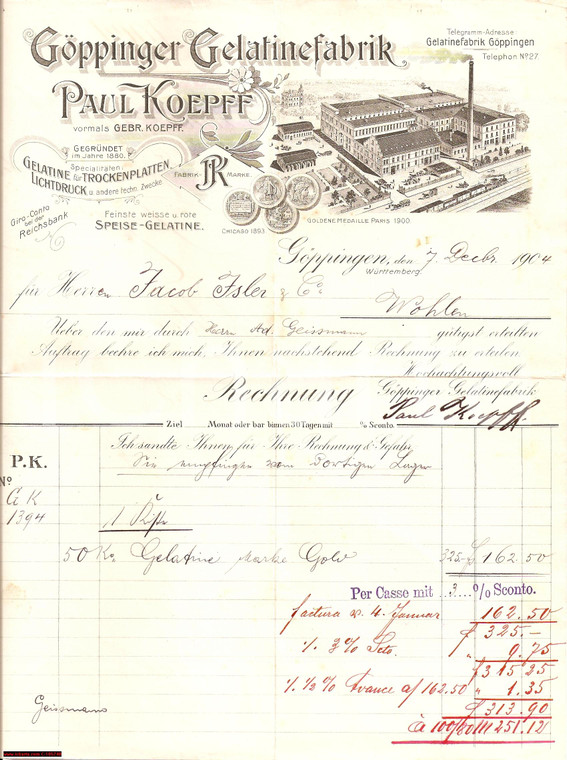 1904 GOPPINGEN (DE) Fabbrica di gelatina PAUL KOEPFF