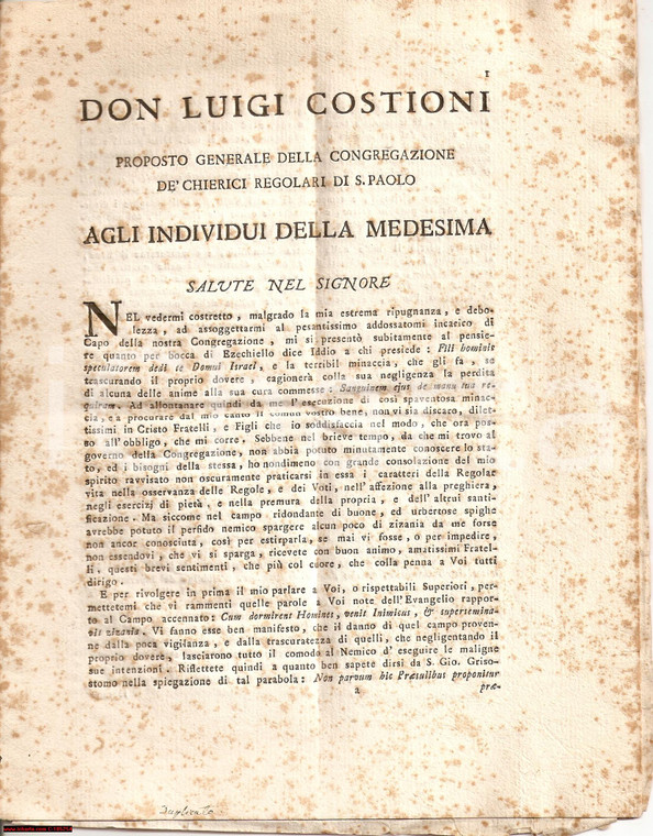 1795 ROMA Luigi COSTIONI alla Congregazione di S. PAOLO