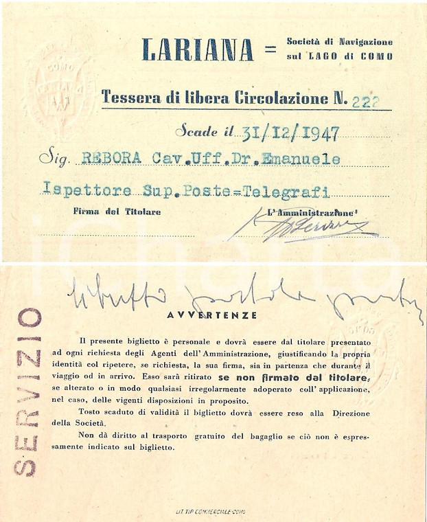1947 COMO LARIANA Tessera circolazione Emanuele REBORA