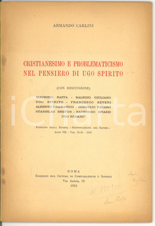 1953 Armando CARLINI Cristianesimo pensiero Ugo SPIRITO