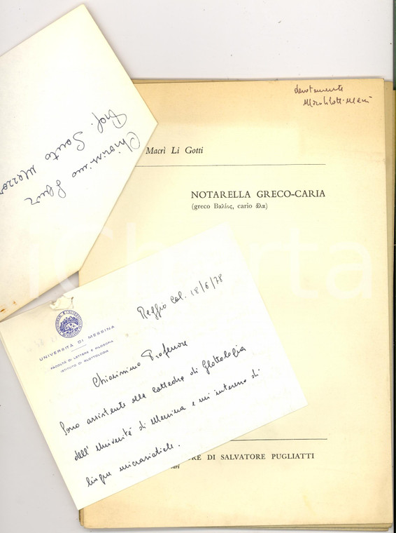 1978 Maria Vittoria MACRI' LI GOTTI Lettera autografa e quattro saggi filologia