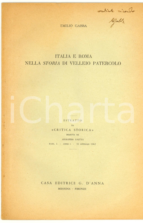 1962 Emilio GABBA Italia e Roma in VELLEIO PATERCOLO