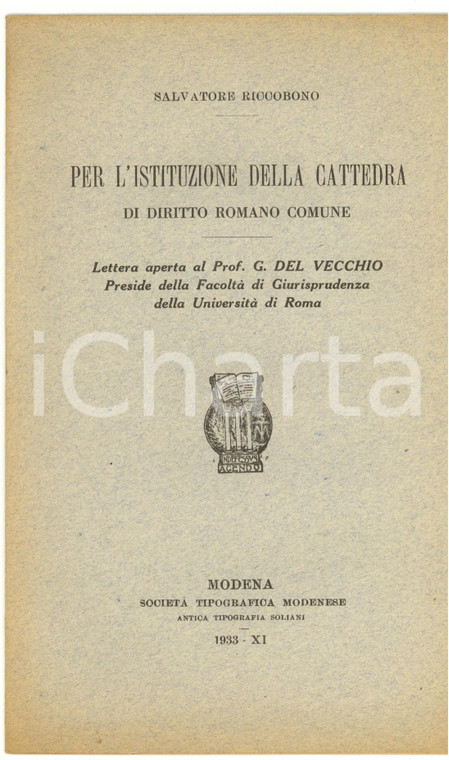 1933 Salvatore RICCOBONO Lettera a Giorgio DEL VECCHIO