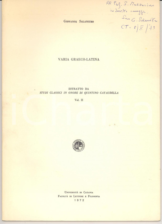 1972 Giovanni SALANITRO Varia Graeco-latina AUTOGRAFO