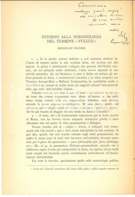 1964 Bronislaw BILINSKI Sul termine VULGUS Autografo