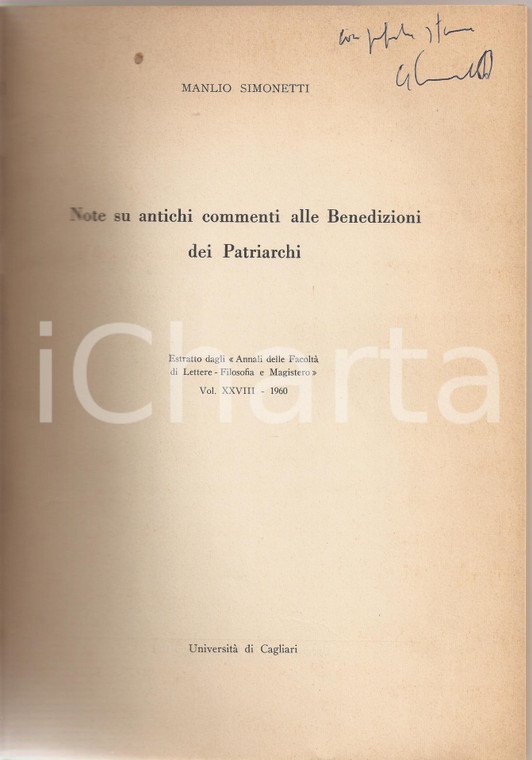 1960 Manlio SIMONETTI Benedizioni Patriarchi AUTOGRAFO