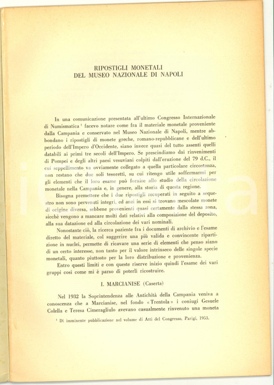 1954 Attilio STAZIO Ripostigli denari Museo di NAPOLI