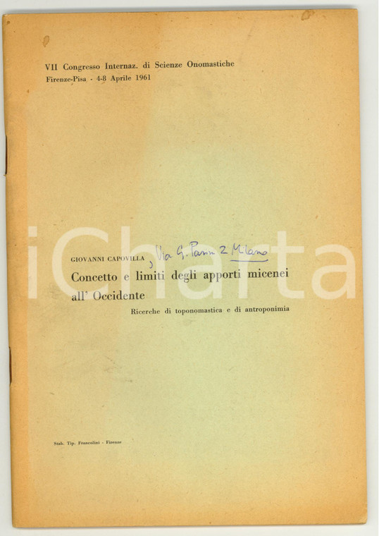 1961 Giovanni CAPOVILLA Limiti degli apporti micenei