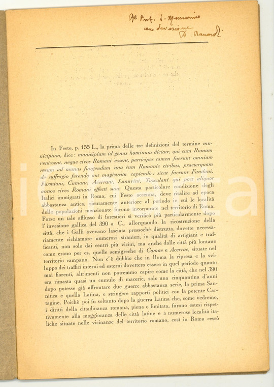 1938 Aurelio BERNARDI I cives sine suffragio AUTOGRAFO