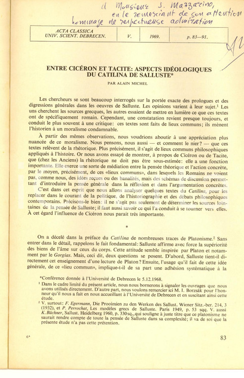 1969 Alain MICHEL Entre Cicéron et Tacite Autografato