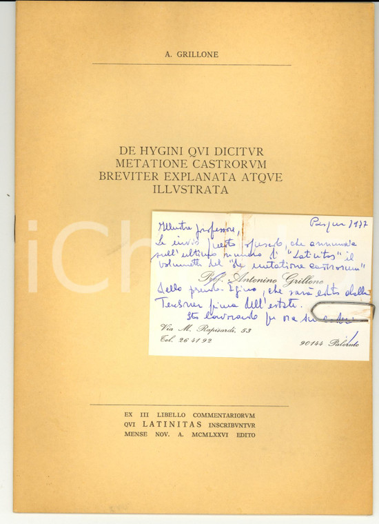 1977 Antonino GRILLONE De Hygini qui dicitur metatione castrorum AUTOGRAFO