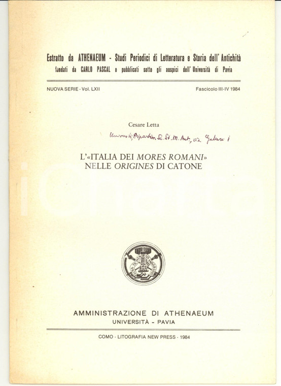 1984 Cesare LETTA L'Italia dei mores romani nelle Origines di Catone