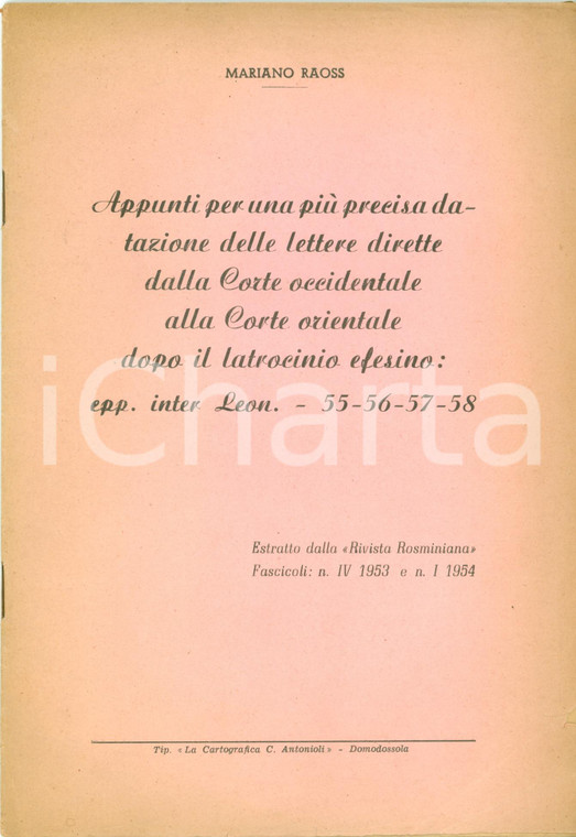 1954 Mariano RAOSS Datazione lettere dopo latrocinio efesino *Opuscolo