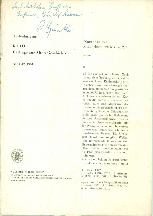 1964 Rigobert GUNTHER Politisch-ideologische Kampf römische religion AUTOGRAFO