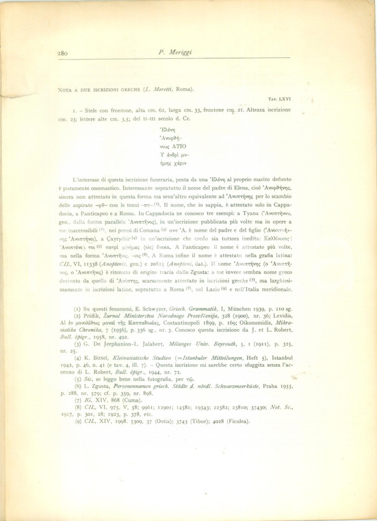1962 Luigi MORETTI Nota a due iscrizioni greche con una tavola ILLUSTRATA