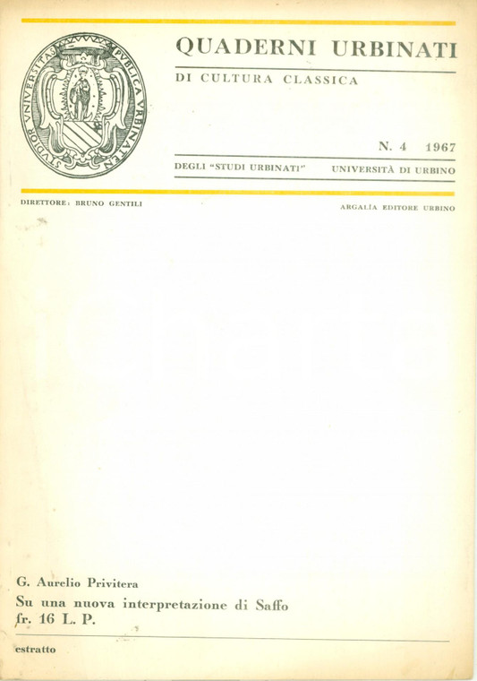 1967 Giuseppe Aurelio PRIVITERA Su una nuova interpretazione di SAFFO *Estratto