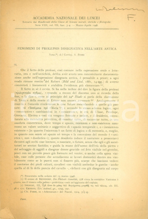 1948 Silvio FERRI Fenomeni di prolepsis disegnativa nell'arte antica *LINCEI