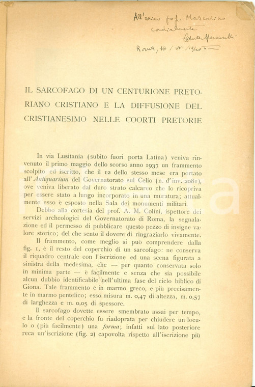 1939 ROMA Catullo MERCURELLI Sarcofago centurione via LUSITANIA Invio Autografo