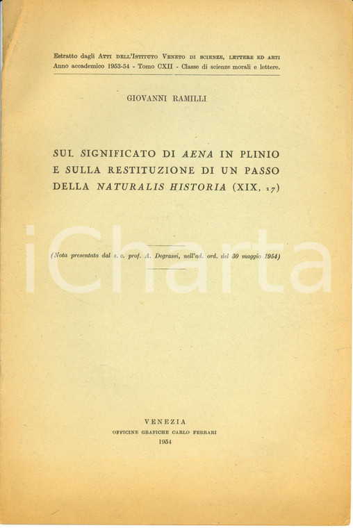 1954 Giovanni RAMILLI Restituzione passo Naturalis Historia PLINIO Pubblicazione