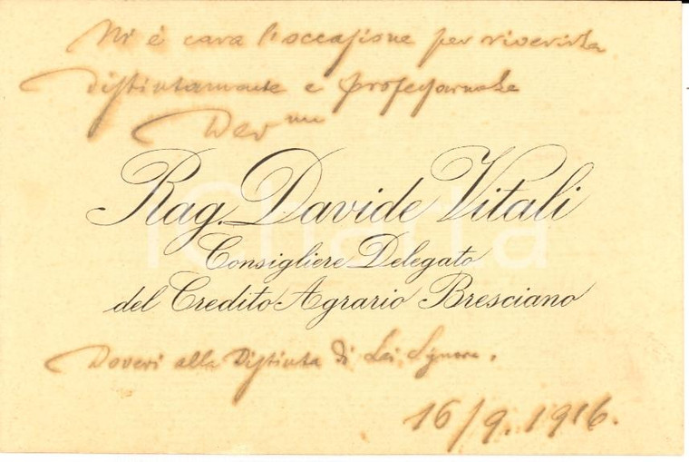 1916 BRESCIA Davide VITALI Credito Agrario Autografo