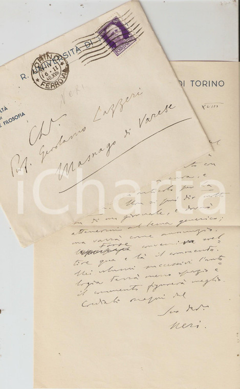 1940 TORINO Ferdinando NERI ringrazia LAZZERI Autografo