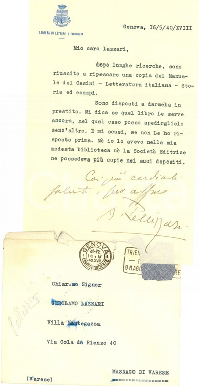 1939 GENOVA Achille PELLIZZARI procura un libro -  AUTOGRAFO