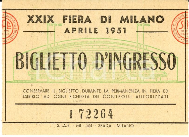 1951 MILANO Biglietto d'ingresso XXIX Fiera ILLUSTRATO