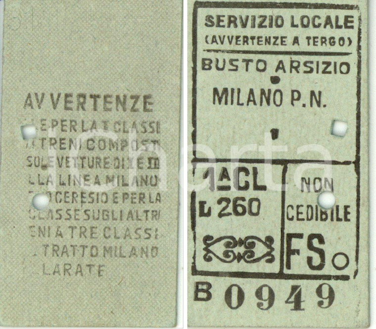 1950 FERROVIE DELLO STATO Biglietto ferroviario BUSTO ARSIZIO-MILANO PORTA NUOVA