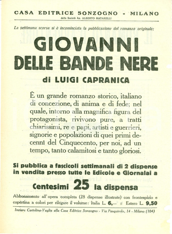 1925 ca SONZOGNO Luigi CAPRANICA Giovanni delle BANDE NERE *Volantino