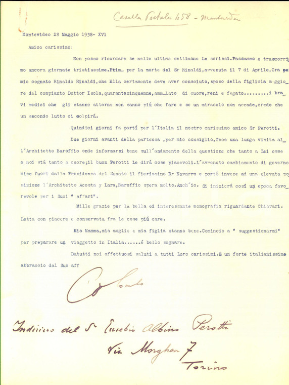 1938 MONTEVIDEO (Uruguay) Carlo Alberto COLOMBO sul cambio di governo *Autografo