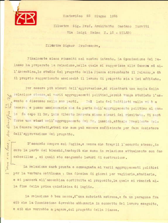 1926 MONTEVIDEO Dario PEDRONI su progetto a Gaetano MORETTI *AUTOGRAFO