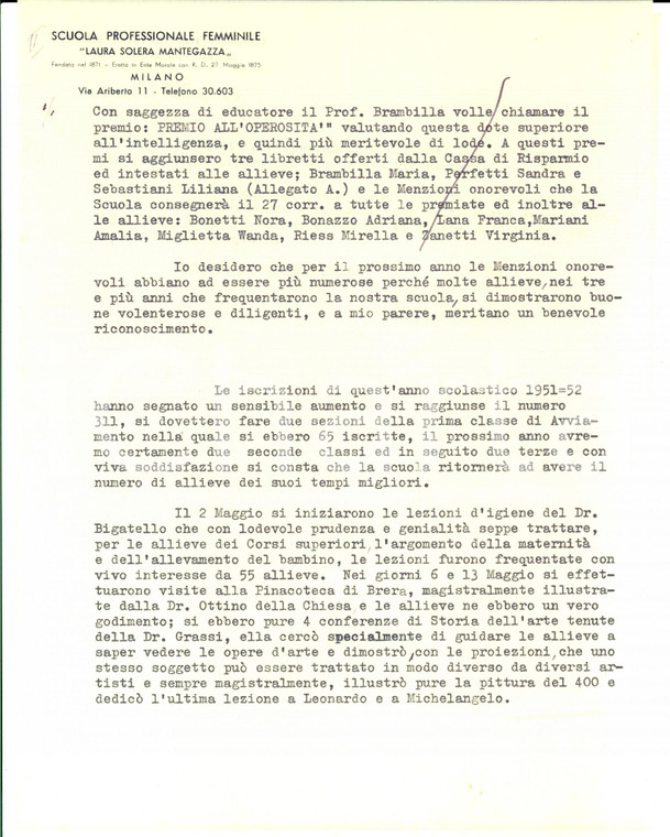 1952 MILANO Scuola femminile MANTEGAZZA Relazione direttrice Pierina ROSSARI