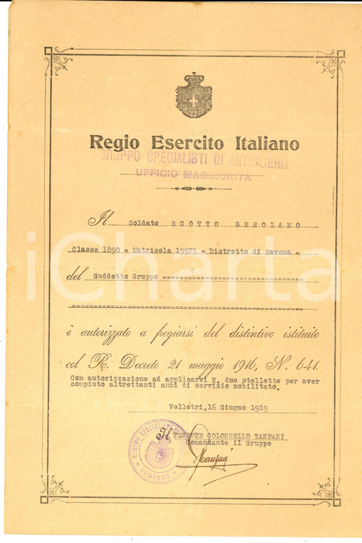 1919 Gerolamo SCOTTO Specialisti ARTIGLIERIA Medaglia fatiche di guerra