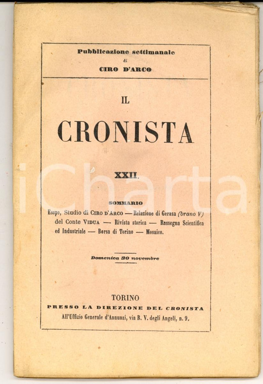 1856 TORINO IL CRONISTA Pubblicazione settimanale di Ciro D'ARCO - Anno I n° 22