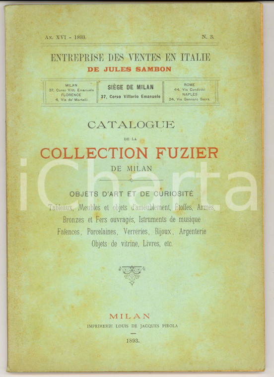 1893 MILANO Catalogo asta collezione Louis FUZIER - Casa Giulio SAMBON